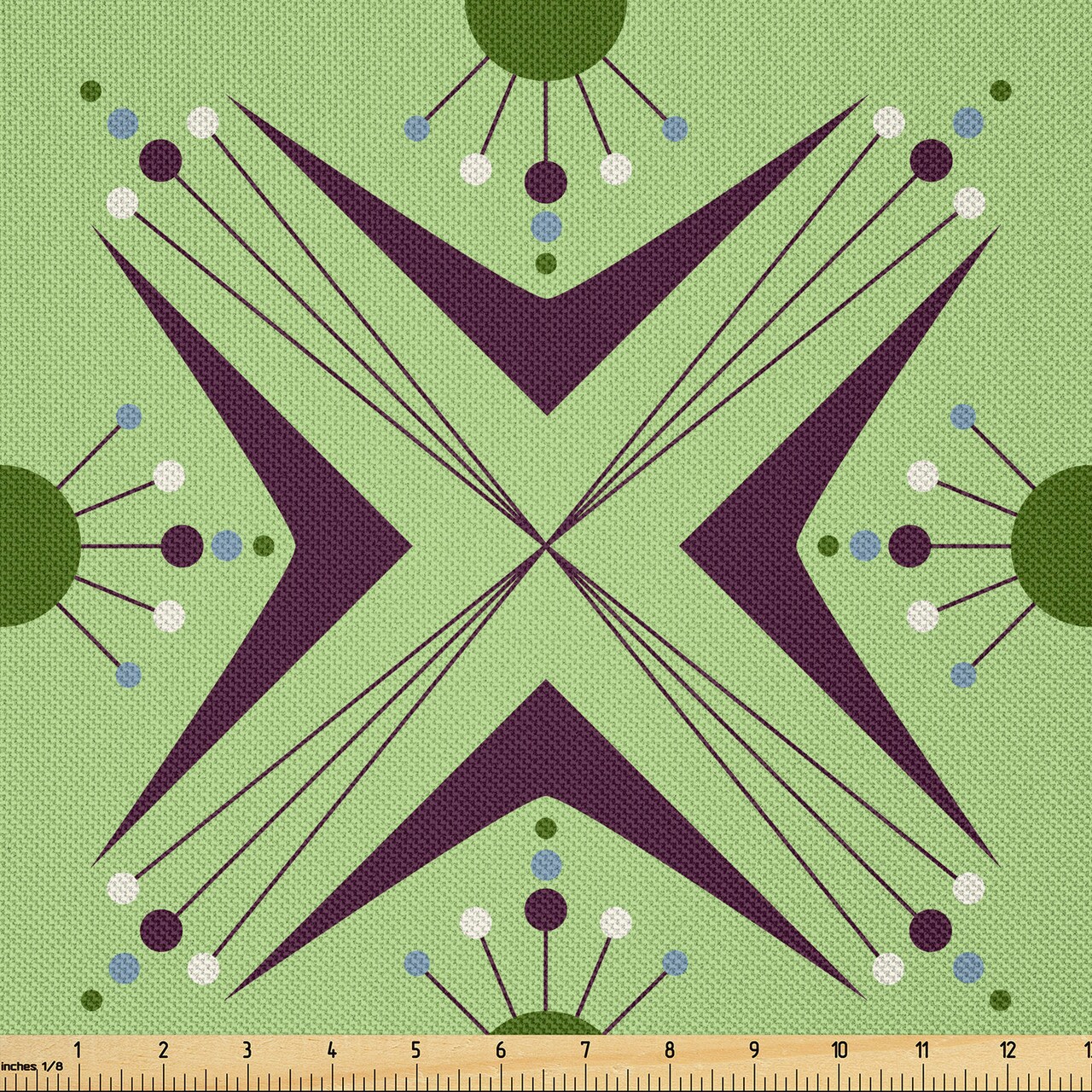 Ambesonne Mid Century Fabric by The Yard, Atomic Form Boomerang Details Dots and Crossed Lines, Decorative Satin Fabric for Home Textiles and Crafts, 10 Yards, Green Plum